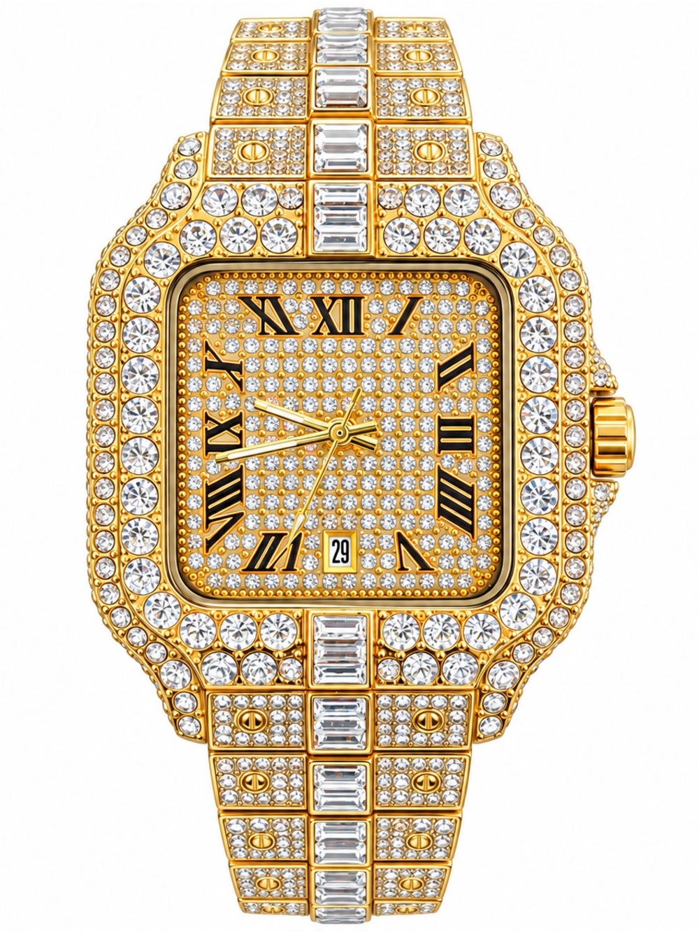 Gold Tone Iced Out Crystal Roman Numeral Bling Statement Watch